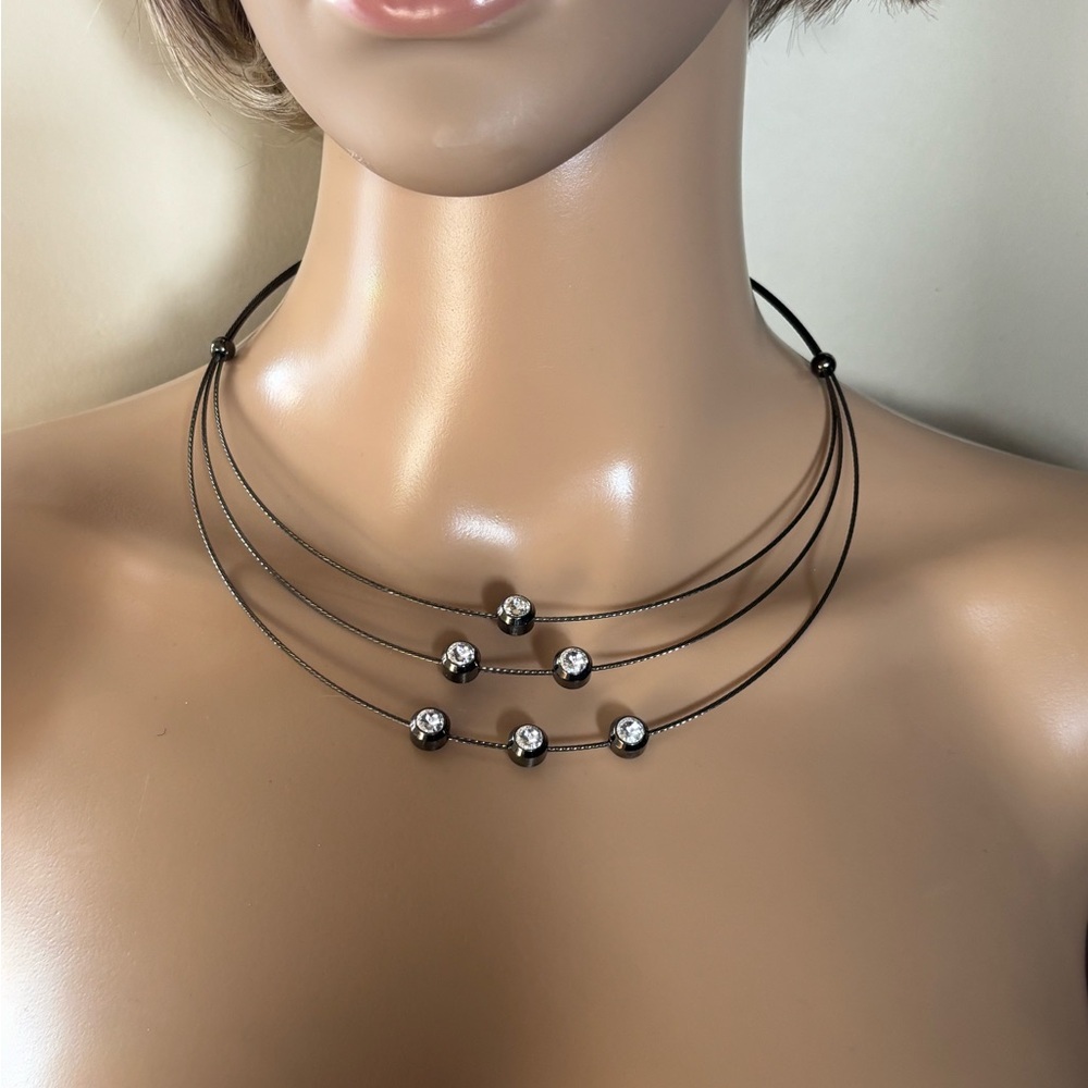 Modern Multi-Strand Gunmetal Cable Choker with Floating Crystals